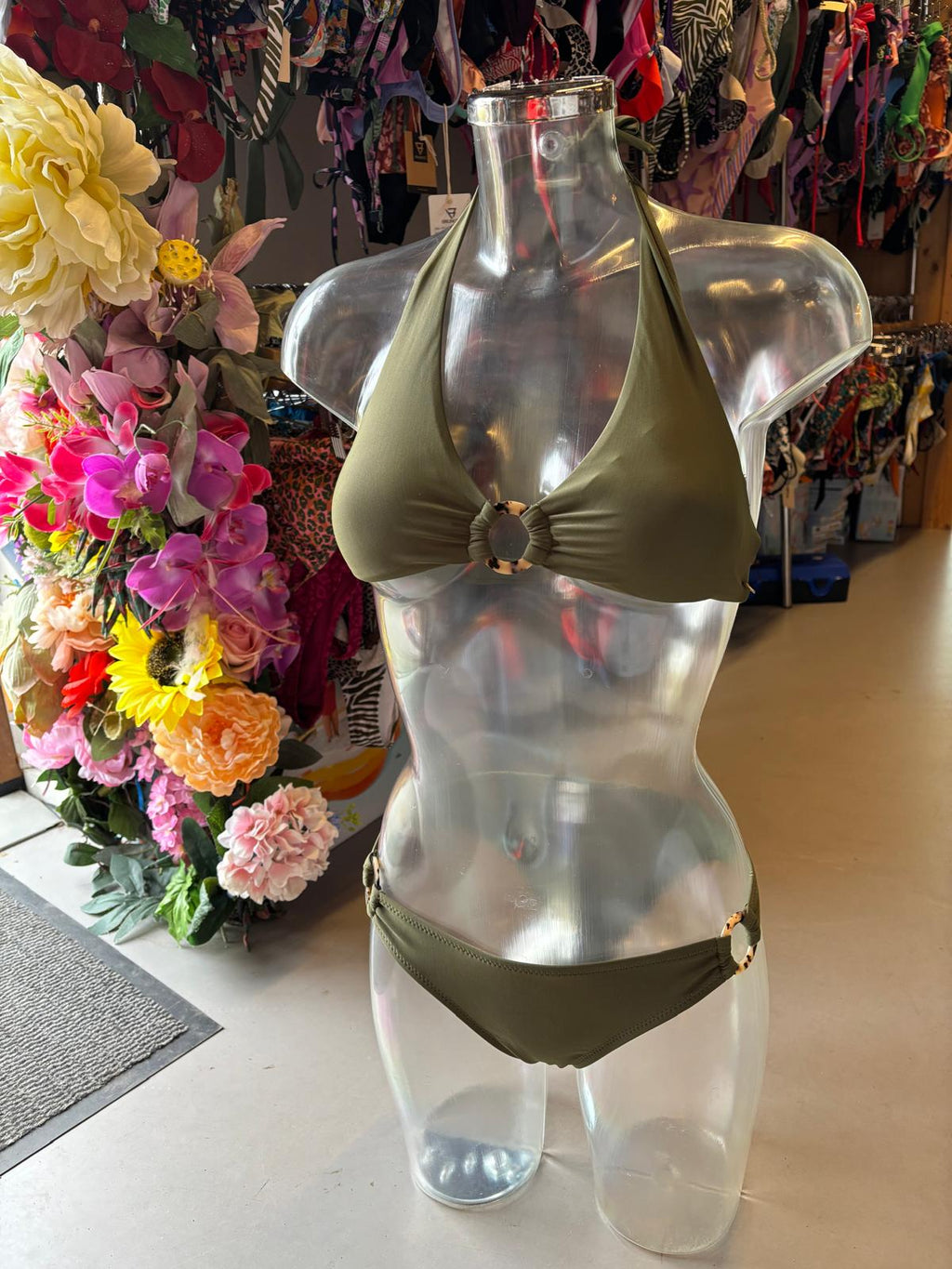 Shiwi Women's Halter Ring Bikini Olive Green - halter-neckline design on model