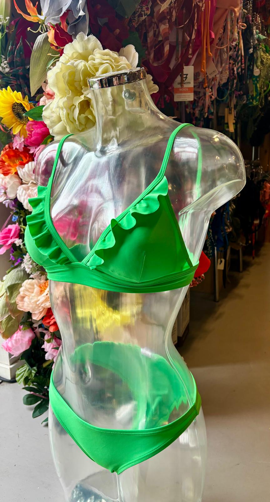 Shiwi Bright Green Ruffles Bikini - fresh design with ruffles on model