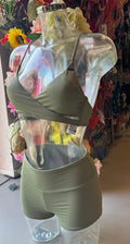 O’Neill olive green bikini set with wrap-style top and high-waisted swim shorts, front view`