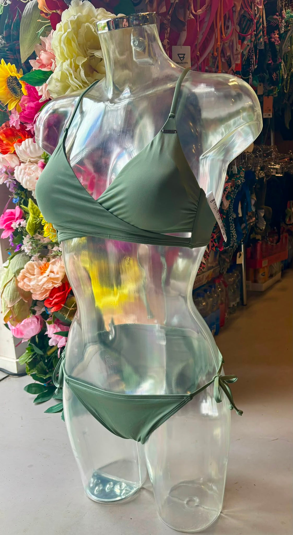O’Neill olive green wrap bikini with adjustable straps and tie-side bottoms, front view`