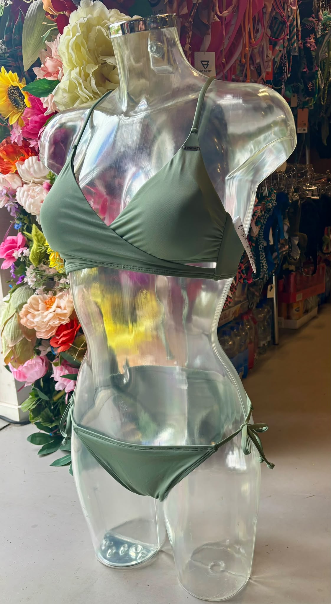 O’Neill olive green wrap bikini with adjustable straps and tie-side bottoms, front view`