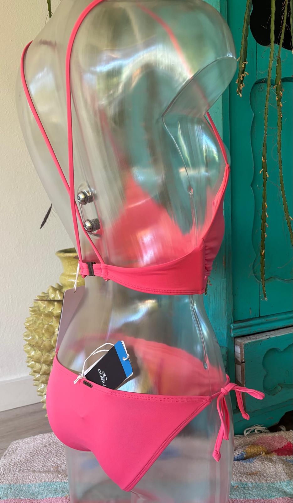 O’Neill bright pink bikini with back clasp and adjustable tie-side bottoms, rear view