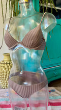 O’Neill taupe ribbed bikini with underwired top and low-rise bottoms, front view