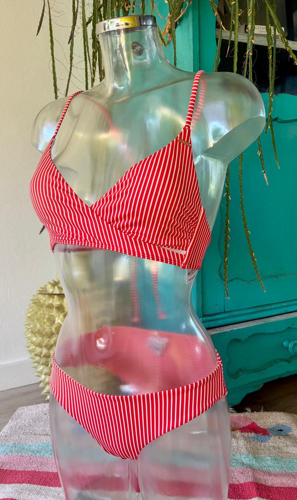 O’Neill red and white striped bikini with wrap-style top and low-rise bottoms, front view