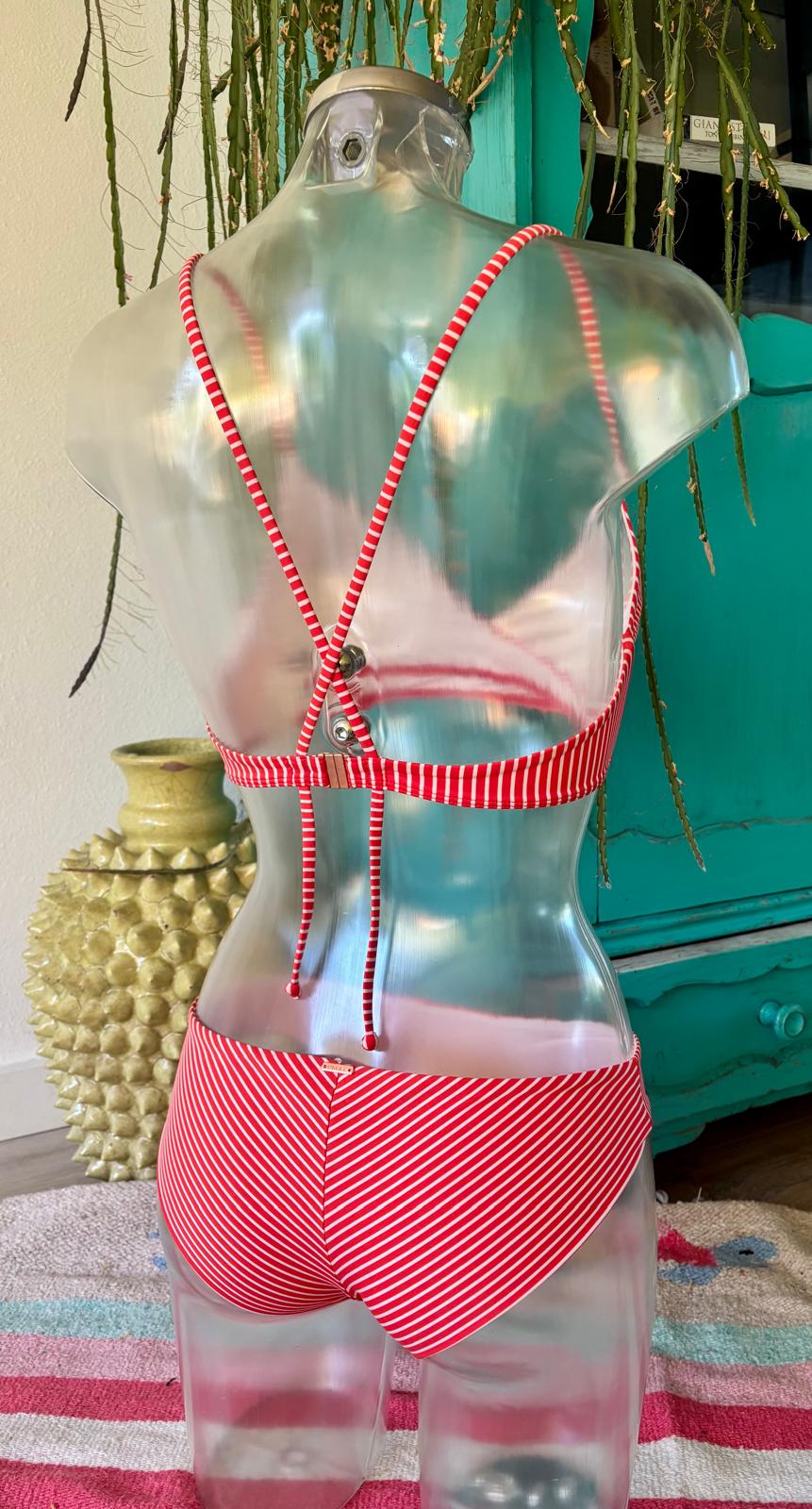 O’Neill red and white striped bikini with cross-back tie straps and matching bottoms, rear view