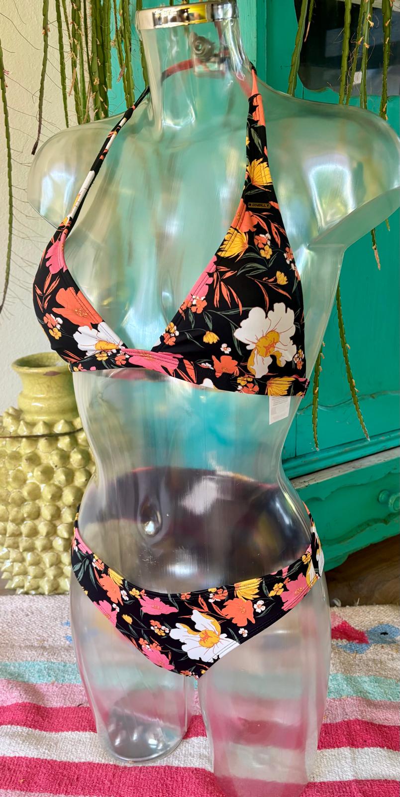 O’Neill black floral halter bikini with V-neck top and matching low-rise bottoms, front view