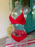 O’Neill red wrap bikini with adjustable straps and matching classic bottoms, front view