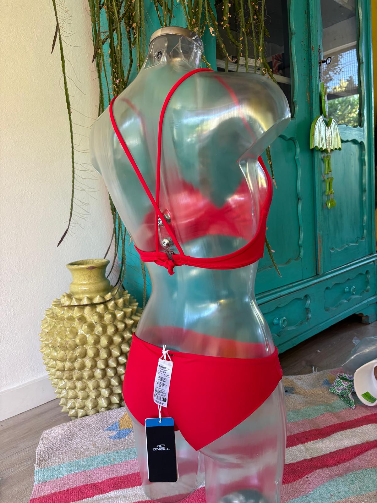 O’Neill red bikini with cross-back straps, back fastening and matching bottoms, rear view