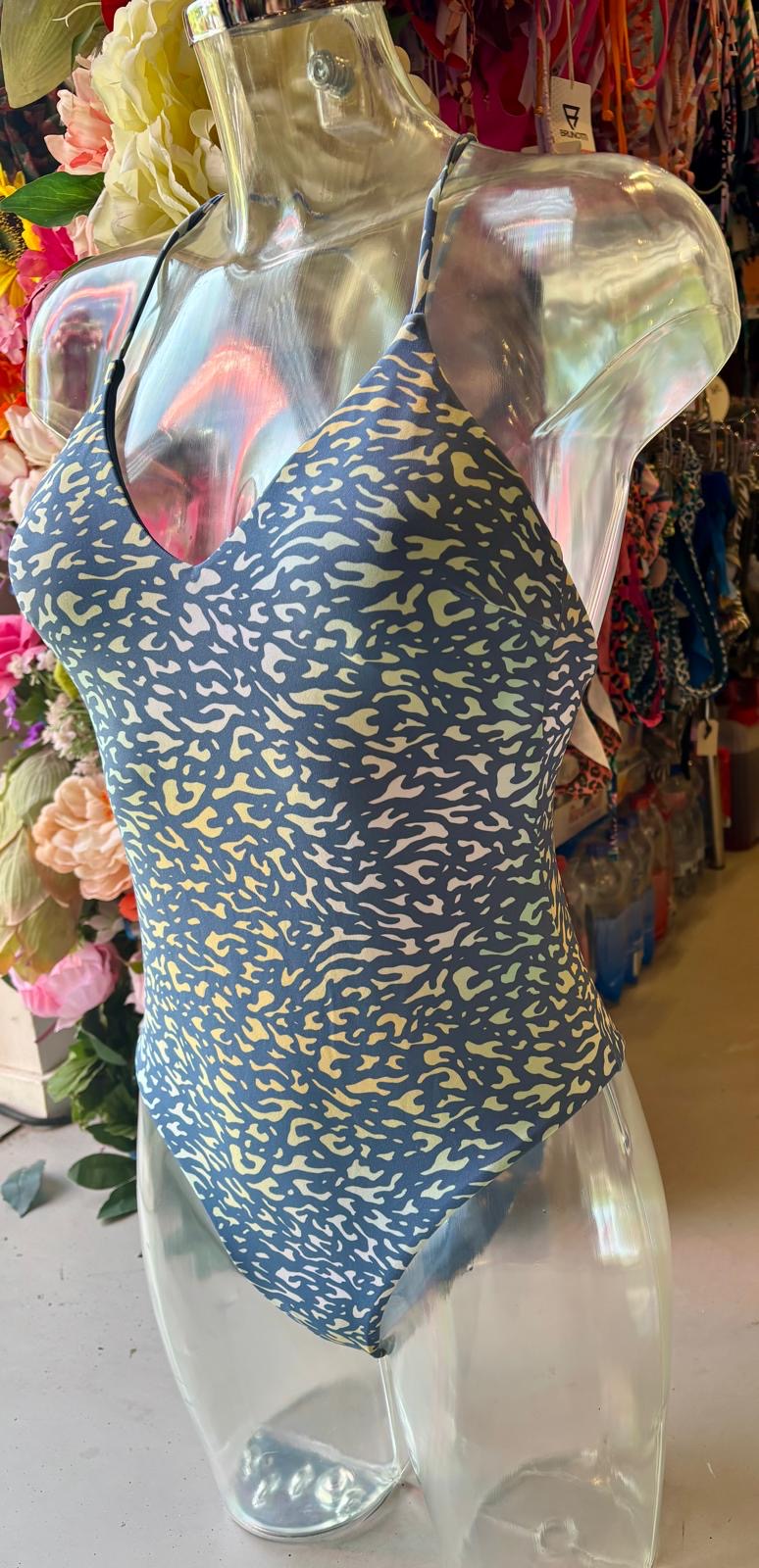 O’Neill Jaida one-piece swimsuit Yellow Animal Blur print front view V-neck on mannequin Sol Store
