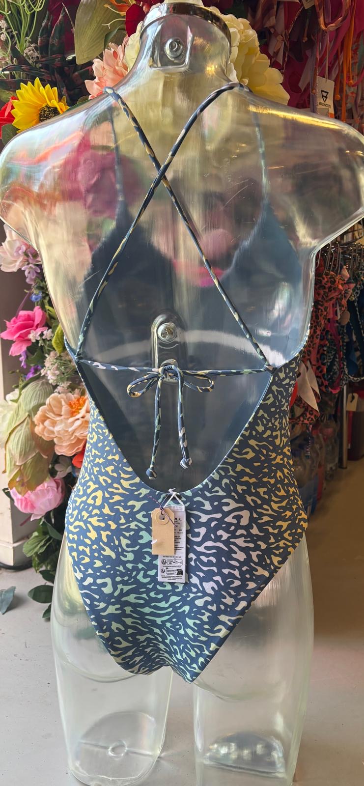 O’Neill Jaida swimsuit open back criss-cross tie straps Yellow Animal Blur print rear view Sol Store Jávea